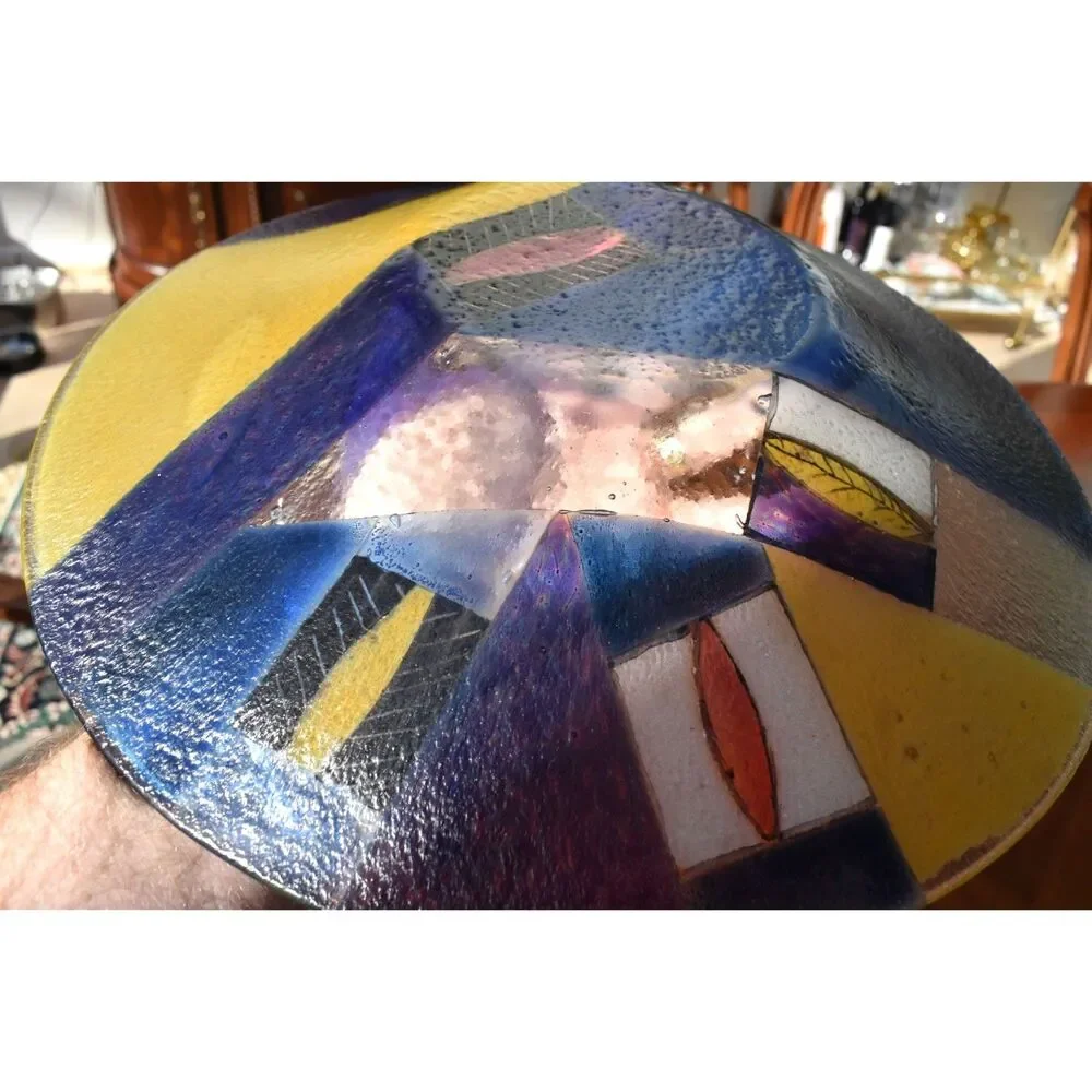 Art Glass Sculpture Bowl by V. Rotenberg - Multicolor Fused Glass Centerpiece